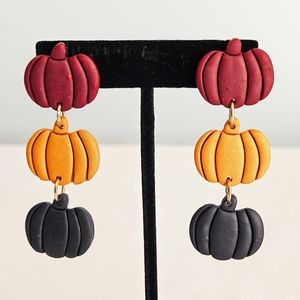 SD Handmade Stacked Pumpkins Burgundy/Gold/Navy Polymer Clay Dangling Earrings